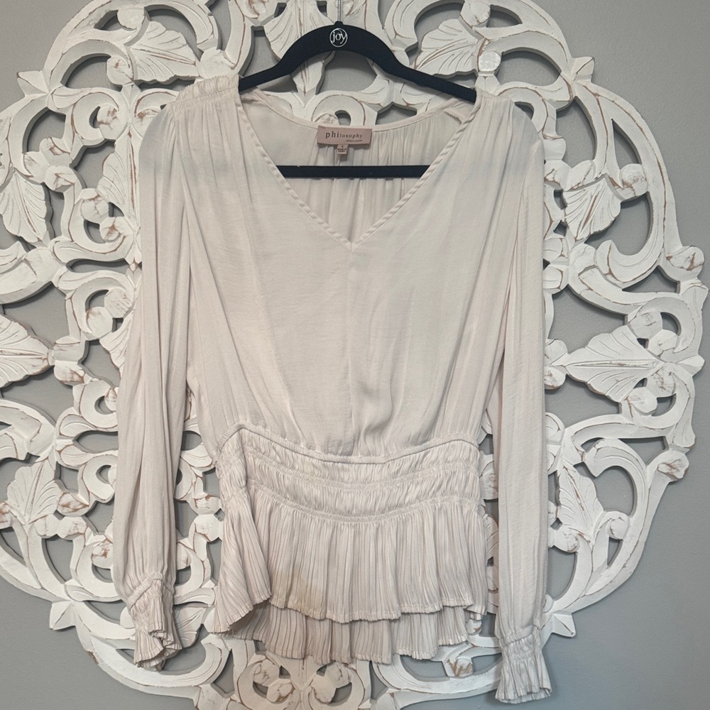 Philosophy Cream V-Neck Long Sleeve Ruffle Peplum Blouse